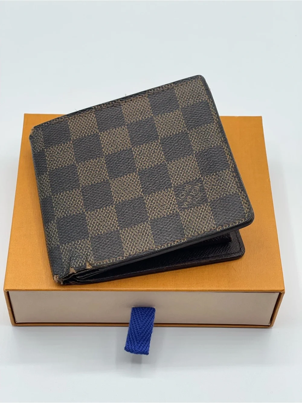 Louis Vuitton Damier Ebene Men’s Marco Bifold Wallet Hot Stamped Used LV
